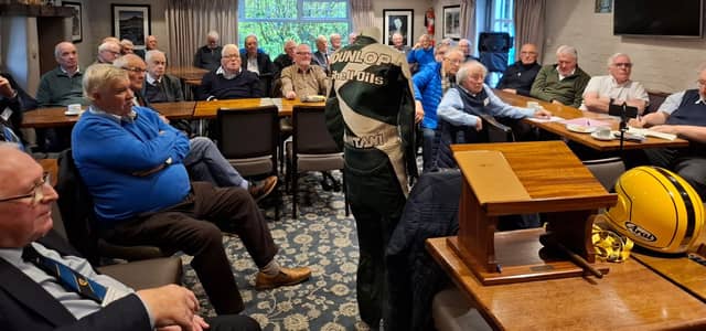 Ballymoney and Riada Probus club members listen to a talk by Stephen McMaw about Joey Dunlop.