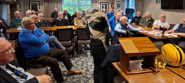 Ballymoney and Riada Probus club members listen to a talk by Stephen McMaw about Joey Dunlop.