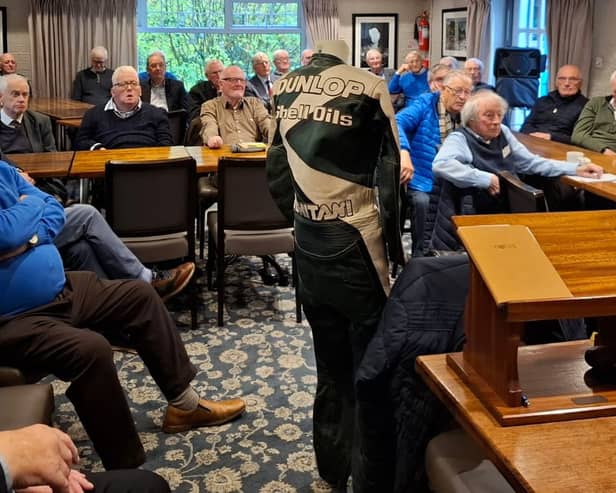 Ballymoney and Riada Probus club members listen to a talk by Stephen McMaw about Joey Dunlop.