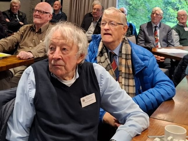 Ballymoney and Riada Probus club members listen to a talk by Stephen McMaw about Joey Dunlop.