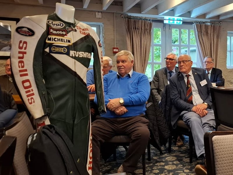 Ballymoney and Riada Probus club members listen to a talk by Stephen McMaw about Joey Dunlop.