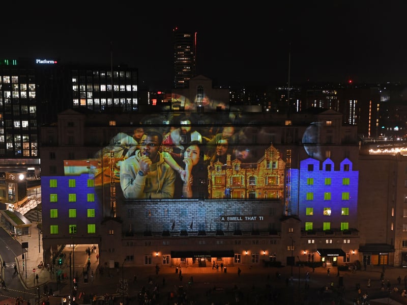 The Queens Hotel lit up during Light Night.
