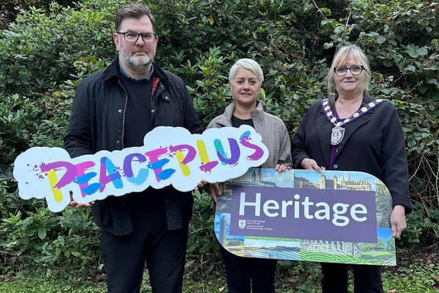 Pictured launching the upcoming 'Know Your Place' workshops in Fermanagh and Omagh are the chairwoman of Fermanagh and Omagh District Council, Councillor Debbie Coyle (right); Isabel Brennan, Heritage Development Officer, Fermanagh and Omagh District Council (centre); and David Bradshaw, Devine Bradshaw Associates (left). The series of hands-on workshops, delivered through the 'Exploring Our Local Heritage' programme, aims to engage 350 residents in learning about local history, family stories, folklore, industrial heritage, and the evolution of our towns, villages and landscapes. SU2545CD26
--
