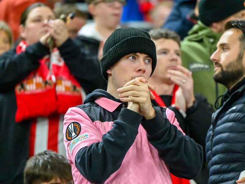 Sunderland fans in action against Brentford at the Stadium of Light in the Carabao Cup. Photo by Chris Fryatt. 
