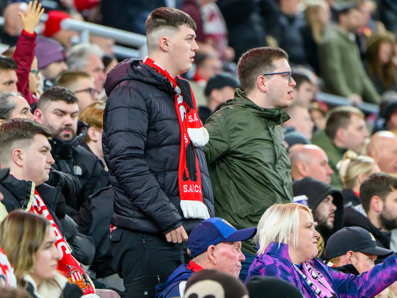 Sunderland fans in action against Brentford at the Stadium of Light in the Carabao Cup. Photo by Chris Fryatt.