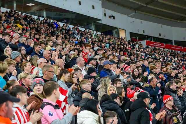 Sunderland fans in action against Brentford at the Stadium of Light in the Carabao Cup. Photo by Chris Fryatt.
