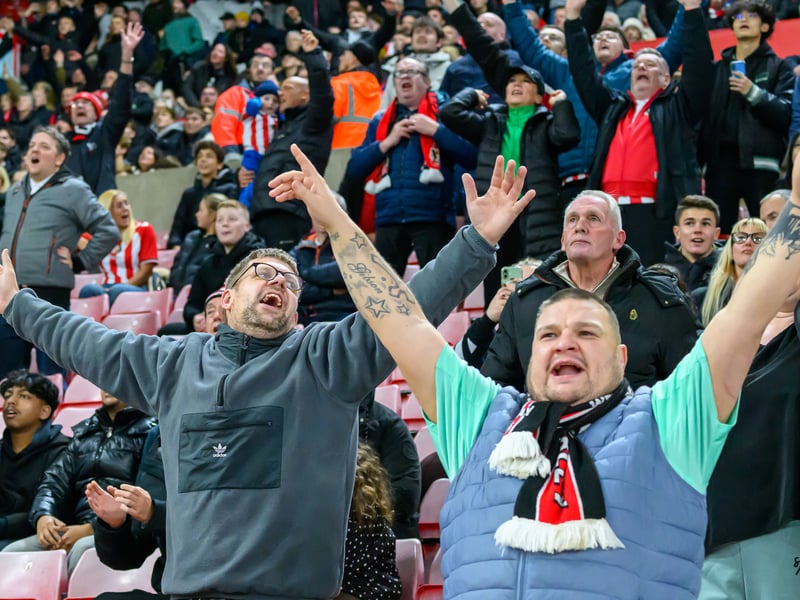 Sunderland fans in action against Brentford at the Stadium of Light in the Carabao Cup. Photo by Chris Fryatt.