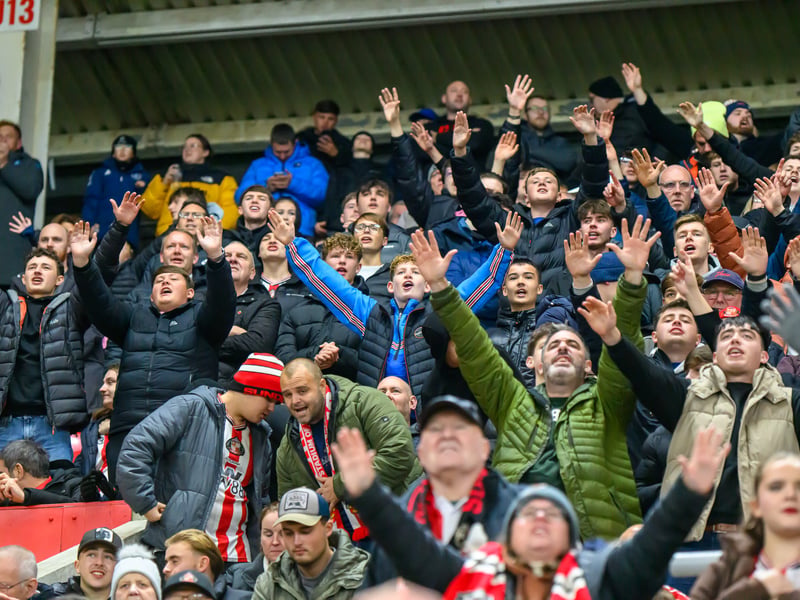 Sunderland fans in action against Brentford at the Stadium of Light in the Carabao Cup. Photo by Chris Fryatt. 