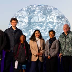 
Jim, far right, with stroke survivors at the Stroke Association's ice brain sculpture in London. SU2645CD26 