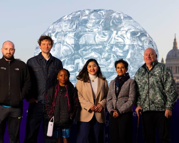
Jim, far right, with stroke survivors at the Stroke Association's ice brain sculpture in London. SU2645CD26 