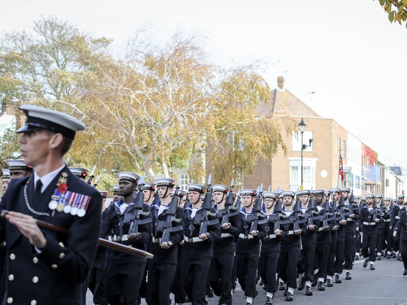 Pictured: Royal Navy Personnel arriving at Portsmouth Cathedral.