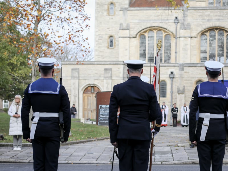 Pictured: Royal Navy Personnel arriving at Portsmouth Cathedral.