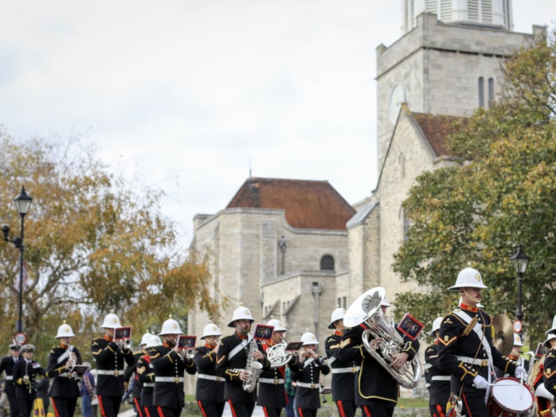Pictured: Royal Marines Band Service leaving Portsmouth Cathedral.
