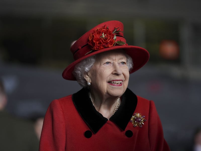 Queen Elizabeth II during a visit to HMS Queen Elizabeth at HM Naval Base ahead of the ship's maiden deployment on May 22, 2021 in Portsmouth. This was her last visit to the city before she died.
