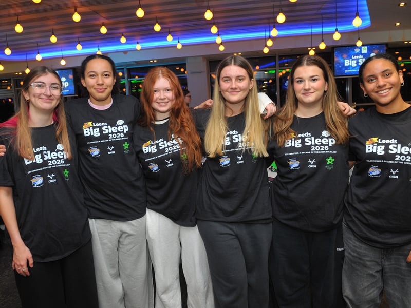 Florence Reynolds, Tia Daniels, Olivia Hollins, Izzy Barraclough, Maggie Jefferson and Leila Wilkinson, of the Leeds University Women's Rugby League Society