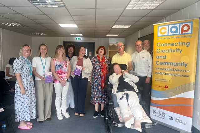 Some of those who were involved with the Finding the Words project, left-right, Speech and Language Therapist within the Brain Injury Service, Stephanie Murray, Dr Liz Maybin, Brain Injury Service Manager, Ann (service user), Jacqueline Pogue, Sarah (service user), Dr Shelley Tracey, Geoff & Brenda (service users), Martin (service user) and Conor Shields, Chief Executive of the Community Arts Partnership.