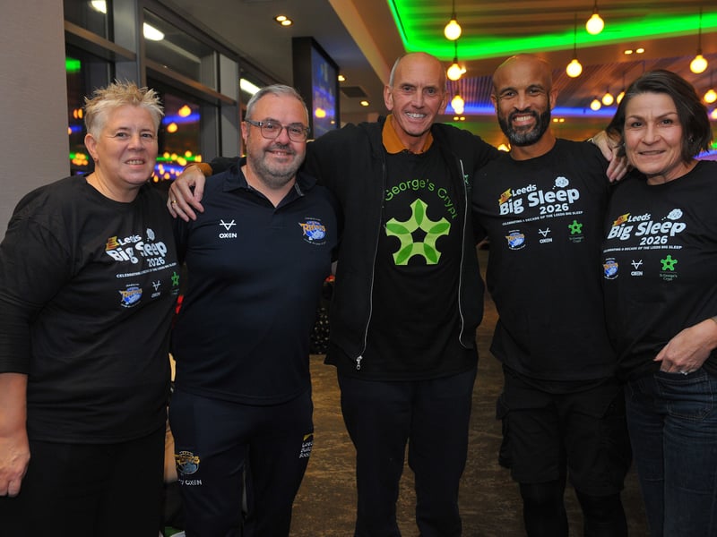 Sarah Tate, Head of HR at the Leeds Rhinos Foundation, Gareth Cook, Head of Community for the Foundation, Chris Fields, CEO of St George's Crypt, Jamie Jones-Buchanan, CEO of Leeds Rhinos and Sue Ward, Rhinos' COO