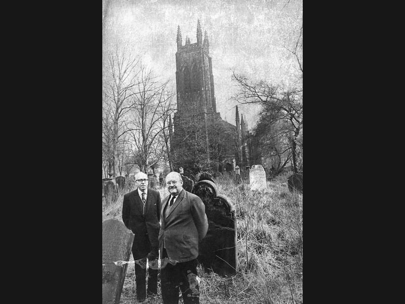Standing among the overgrown headstones beneath the soaring gothic tower, churchwardens William Barrett and Arthur Whitehouse survey the grounds of Christ Church, West Bromwich, in April 1974. With the future of the historic building hanging by a thread following the death of its vicar, the Bishop of Lichfield suspended the living indefinitely, leaving regular congregation numbers dwindled to fewer than twenty. Refusing to concede defeat, Mr Barrett and Mr Whitehouse launched an impassioned campaign against diocesan plans for closure, arguing that the parish had never been given a proper chance to succeed and appealing for an energetic young priest to lead a revival. Do you remember worshiping at Christ Church, or recall the community battle to keep its doors open back in 1974?