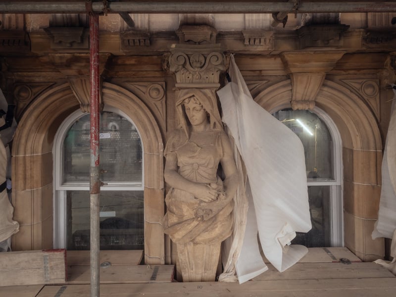 The scaffolding outside has helped protect some of the breath-taking details on the outside of the Jenners Building.