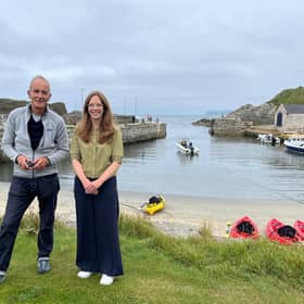 Presenter Kevin McCloud at Ballintoy Harbour during filming for his new Channel 4 series, ‘Kevin McCloud’s Classic Car Road Trips’, with Etta Austin, Tourism Ireland.