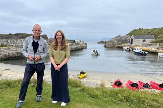 Presenter Kevin McCloud at Ballintoy Harbour during filming for his new Channel 4 series, ‘Kevin McCloud’s Classic Car Road Trips’, with Etta Austin, Tourism Ireland.