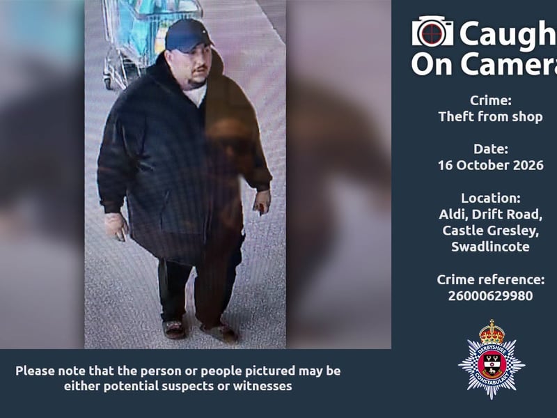 Police are also looking for this person in connection with a theft from a shop, which took place at Aldi at Drift Road in Castle Gresley, near Swadlincote, on October 16.