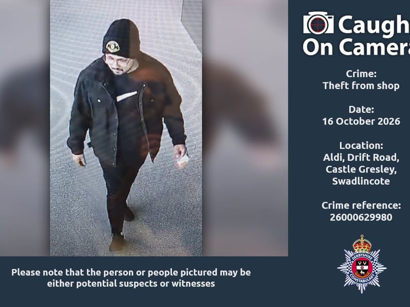 Police are also looking for this person in connection with a theft from a shop, which took place at Aldi at Drift Road in Castle Gresley, near Swadlincote, on October 16.