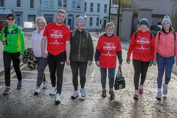 Margaret Nicholl (3rd right), organiser of a Charity Walk from Ballymoney Town Hall to Town Hall Coleraine in aid of Air Ambulance in memory of her daughter Olivia, pictured with family and friends. Pic  