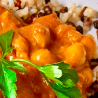 Oat milk, chickpea and pumpkin curry with jewelled bulgur wheat rice