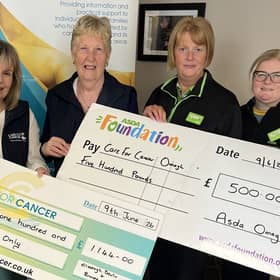From left, are Louise Teague, assistant manager and Mae Caldwell, treasurer at Care for Cancer, alongside Brenda Caldwell, front-end colleague and Clodagh Devlin, Community Champion at Asda Omagh