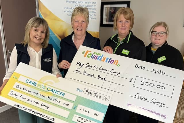 From left, are Louise Teague, assistant manager and Mae Caldwell, treasurer at Care for Cancer, alongside Brenda Caldwell, front-end colleague and Clodagh Devlin, Community Champion at Asda Omagh