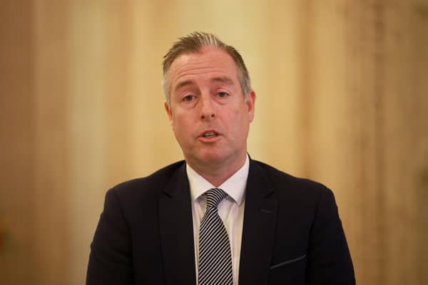 Education Minister Paul Givan speaking to the media at Parliament Buildings, Stormont in Belfast, after over 150 schools in Northern Ireland received bomb threats which are not being treated as viable. Picture date: Monday October 19, 2026. PA Photo. 