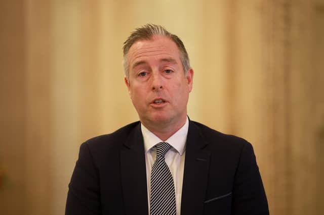 Education Minister Paul Givan speaking to the media at Parliament Buildings, Stormont in Belfast, after over 150 schools in Northern Ireland received bomb threats which are not being treated as viable. Picture date: Monday October 19, 2026. PA Photo.