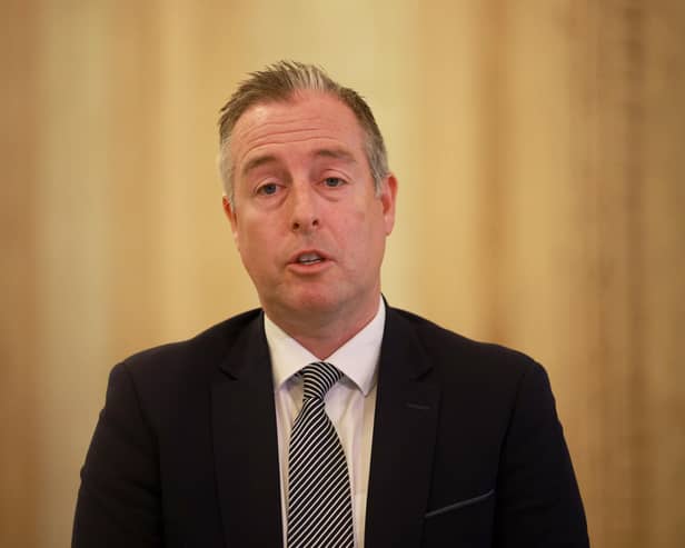 Education Minister Paul Givan speaking to the media at Parliament Buildings, Stormont in Belfast, after over 150 schools in Northern Ireland received bomb threats which are not being treated as viable. Picture date: Monday October 19, 2026. PA Photo. 