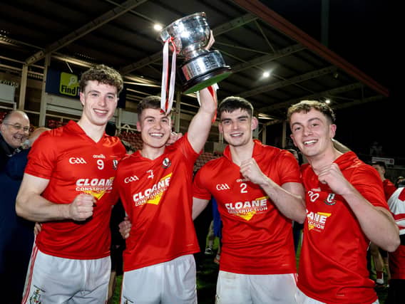 Eoin McEvoy, Conall Heron, Johnny McErlain and Cahir Quinn celebrate in at Find Insurance Celtic Park. Photo by Matthew Harvey/Sportsfile