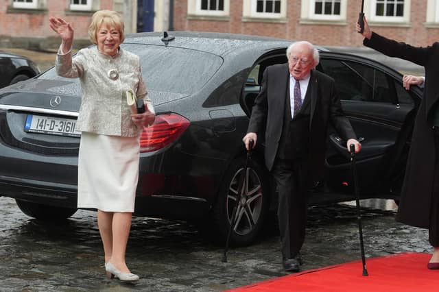 Former president Michael D Higgins and his wife Sabina arriving at Dublin Castle for the inauguration of Catherine Connolly as Ireland's 10th president.