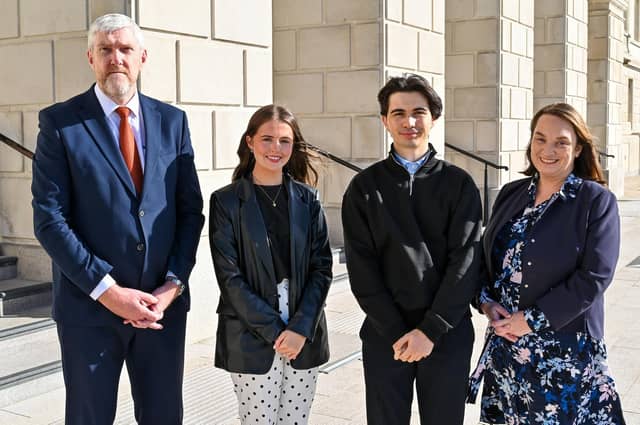 Finance Minister John O’Dowd has launched a recruitment competition for the 2027/28 Civil Service Student Placement Scheme, with around 110 placements available across several government departments. Pictured with Finance Minister John O’Dowd are Ulster University students Erin Bradley and Sean McClure, along with Department for Infrastructure Permanent Secretary Emer Morelli