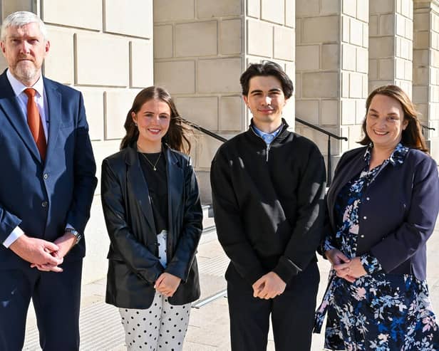 Finance Minister John O’Dowd has launched a recruitment competition for the 2027/28 Civil Service Student Placement Scheme, with around 110 placements available across several government departments. Pictured with Finance Minister John O’Dowd are Ulster University students Erin Bradley and Sean McClure, along with Department for Infrastructure Permanent Secretary Emer Morelli